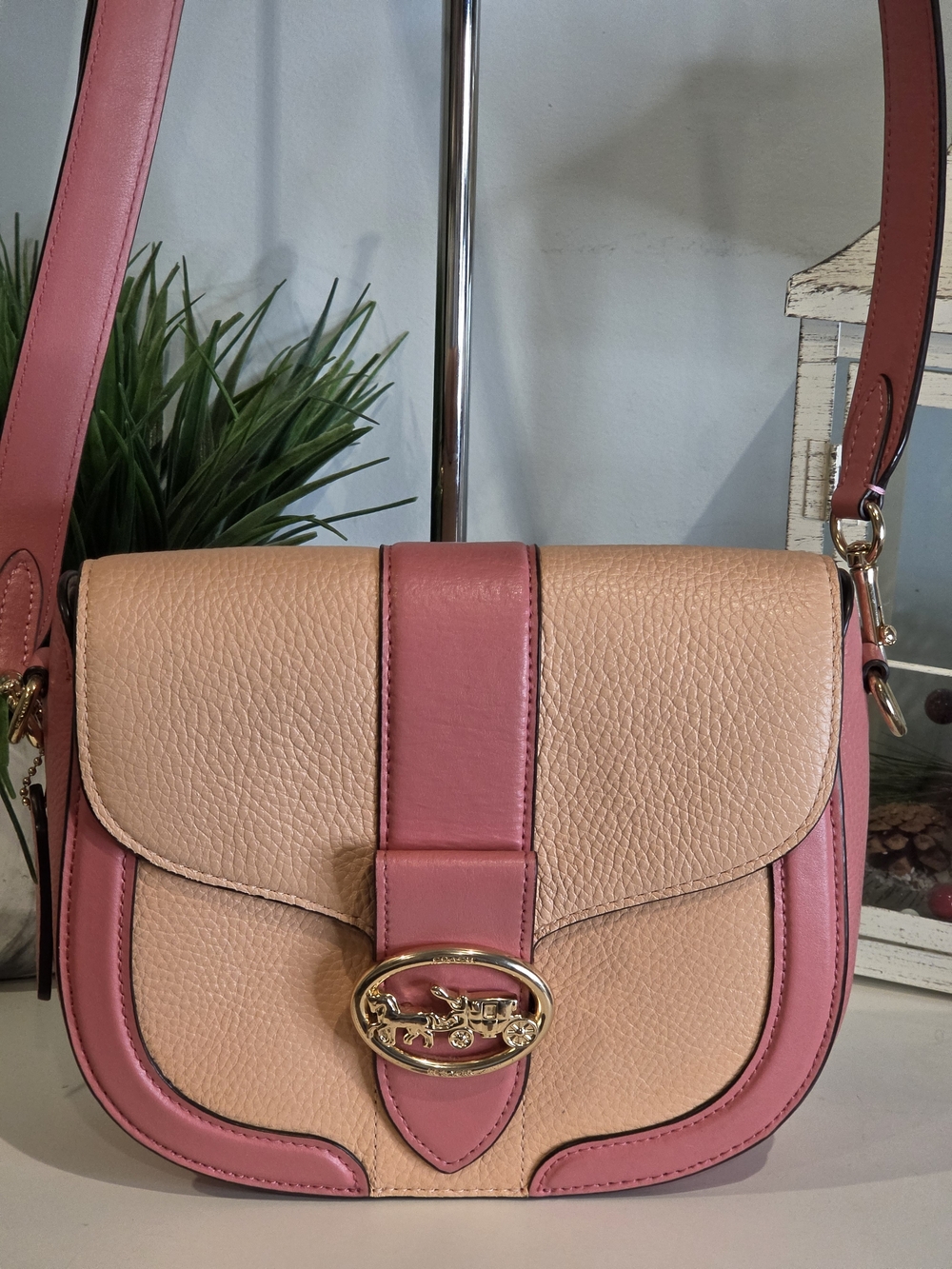 COACH Georgie Colorblock Leather Saddle Bag Pink Peach Crossbody
